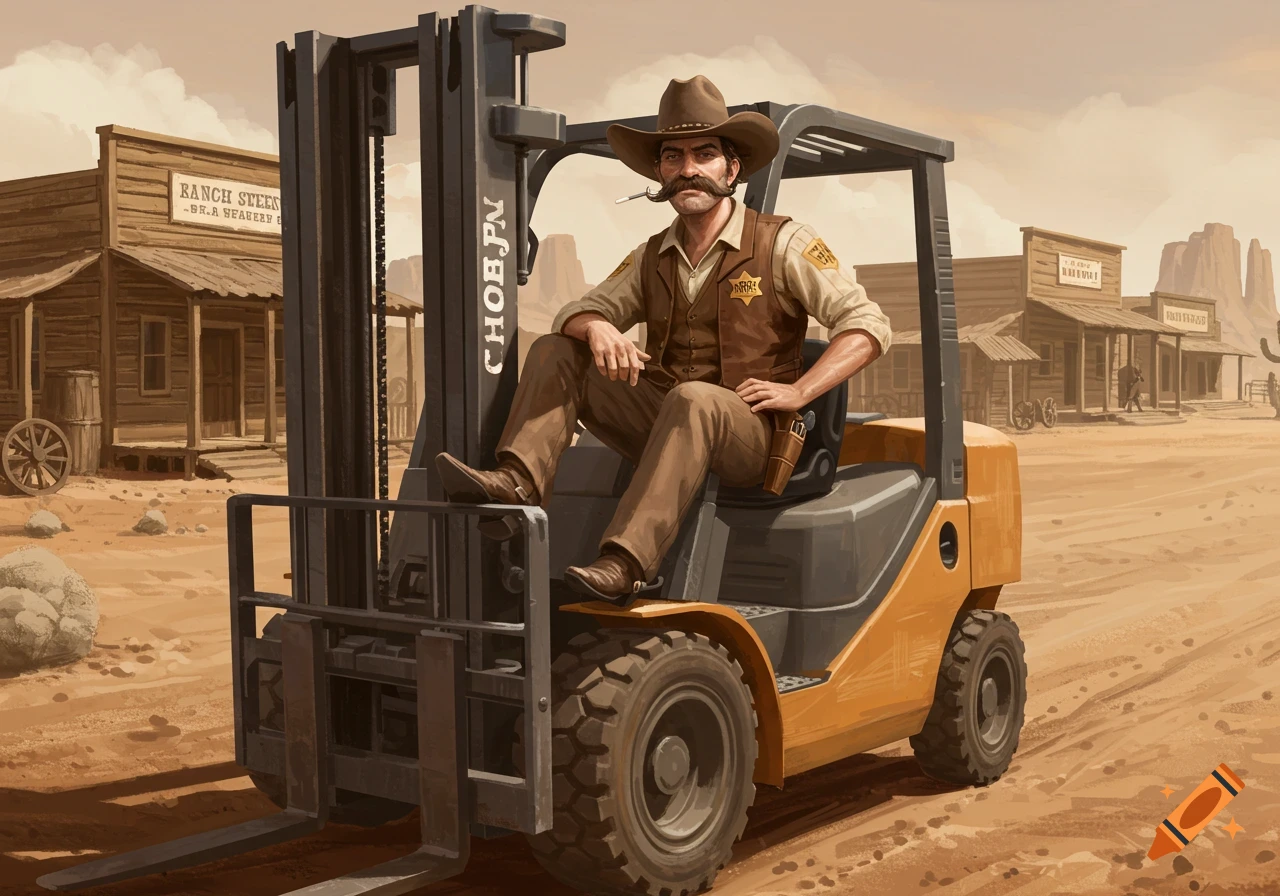 A cowboy sheriff with a mustache and a drip on his chin sits on a forklift in a dusty old western town.