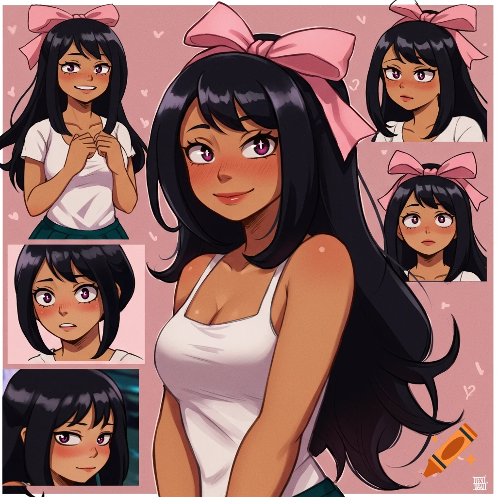 An anime-style girl with long black hair, a pink bow, and warm brown skin. She has purple eyes and is shown in various expressions.