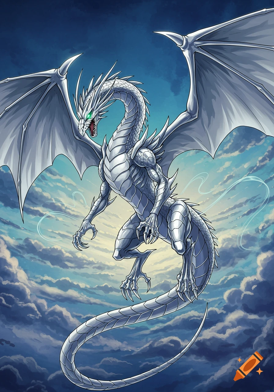 A majestic white dragon with emerald eyes soars through a cloudy sky in an anime art style.