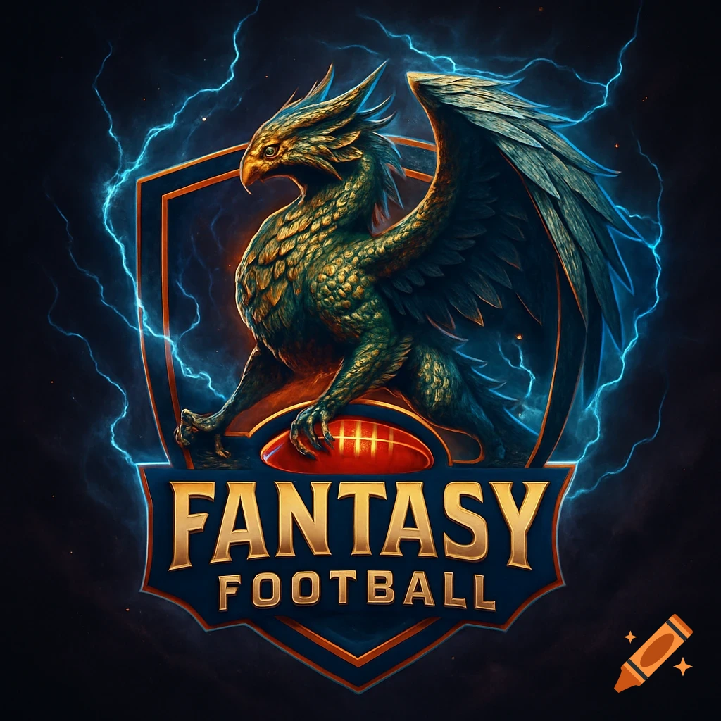 A mythical griffin perched on a football, set against a shield with lightning, with the text 'FANTASY FOOTBALL'.