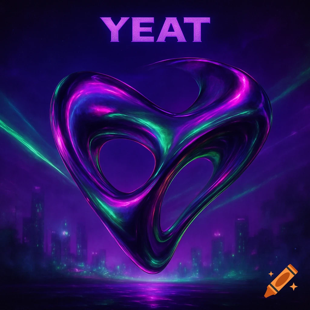 A glowing, abstract heart-like shape in purple and green neon, with the word YEAT, above a city skyline.