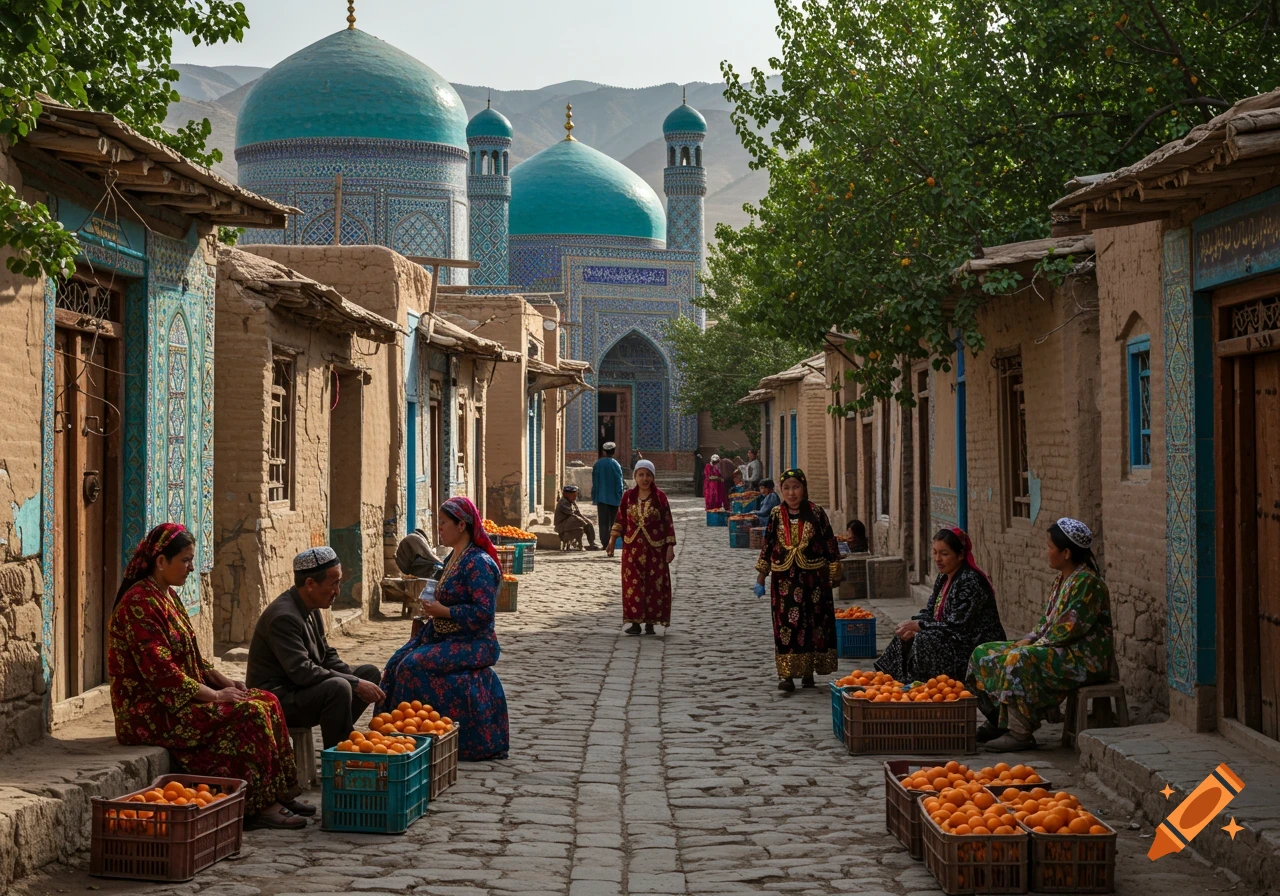 Old Uyghur village street with people in traditional clothes, market crates of oranges, and large blue-domed mosques in the background.