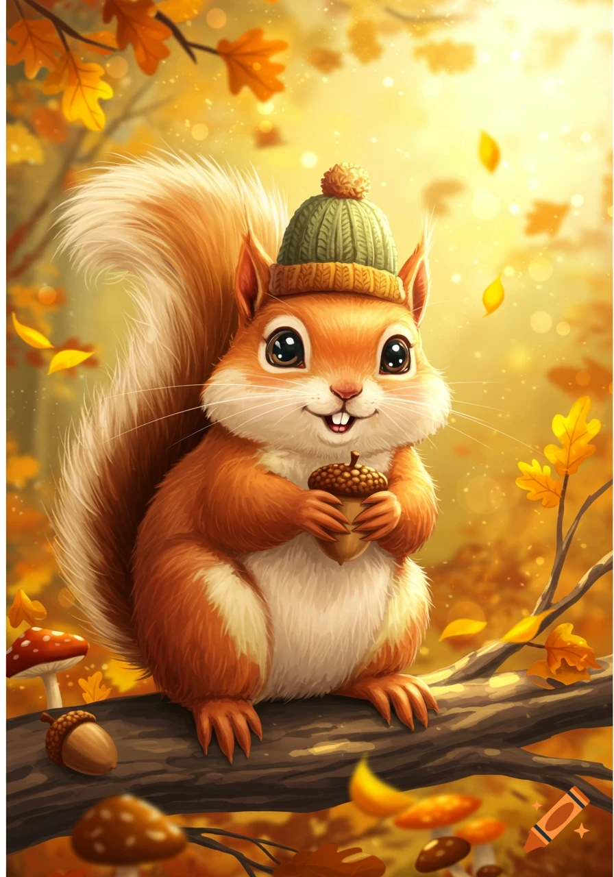 A cute cartoon squirrel wearing a green beanie holds an acorn while sitting on a branch in an autumn forest.