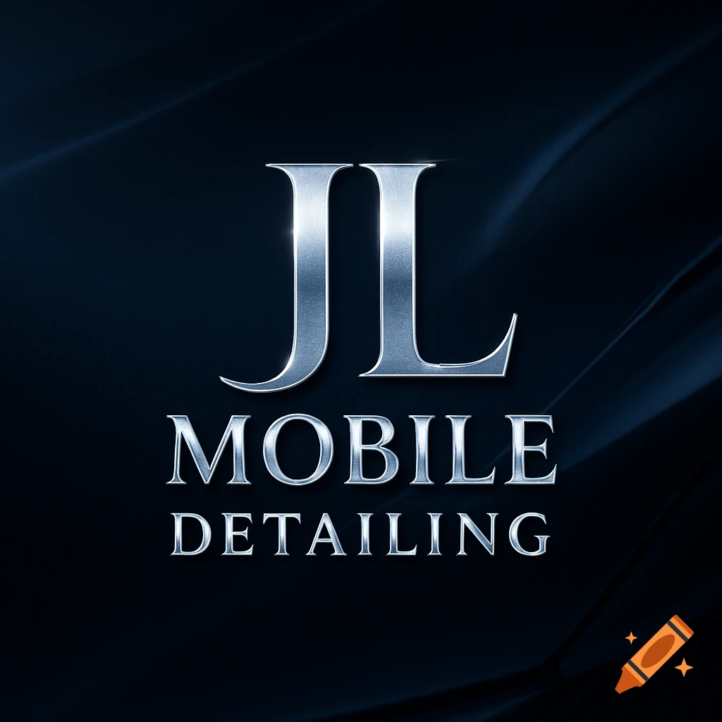A sleek metallic silver logo on a dark background, featuring large letters JL above the words MOBILE DETAILING.