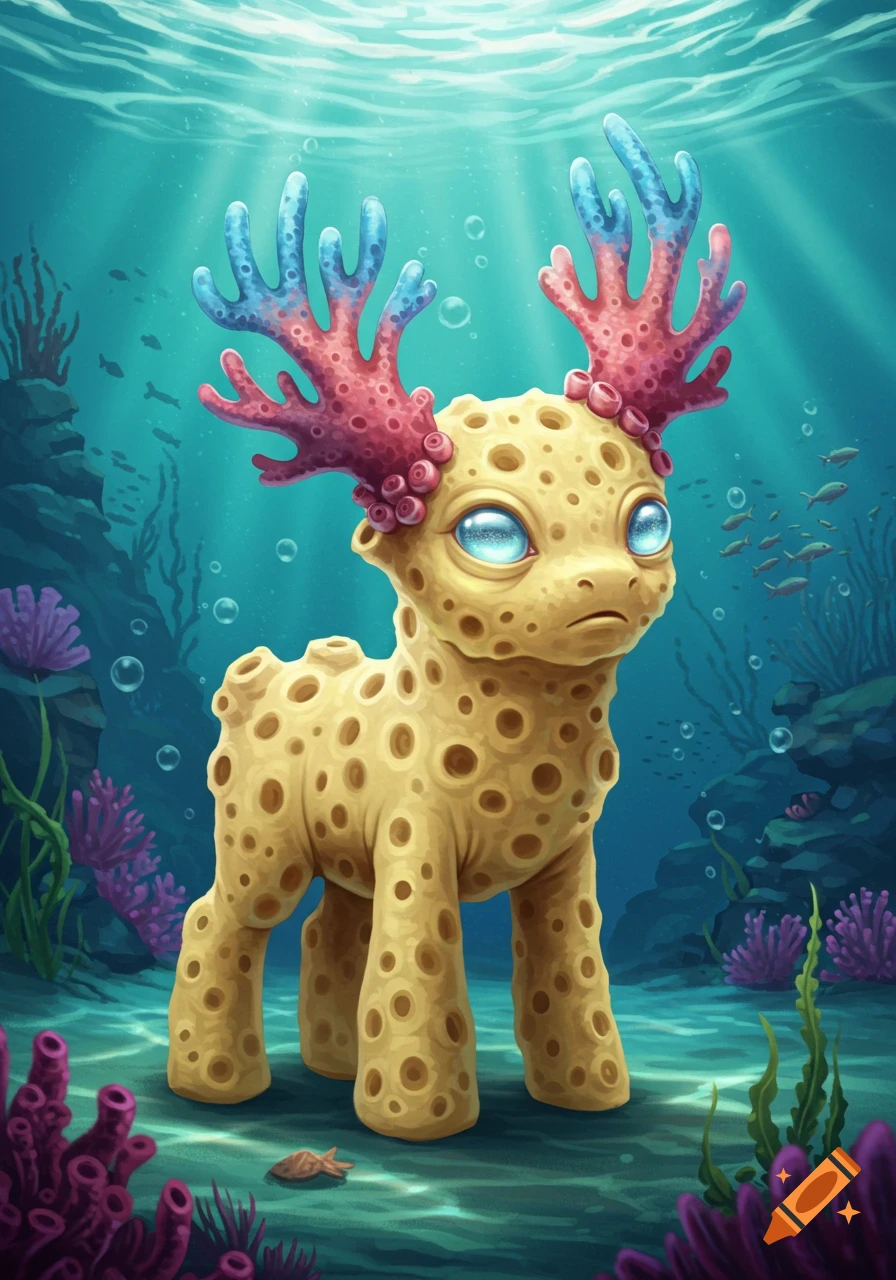 A cute yellow sponge-pony creature with colorful coral horns stands underwater with fish and coral around it.