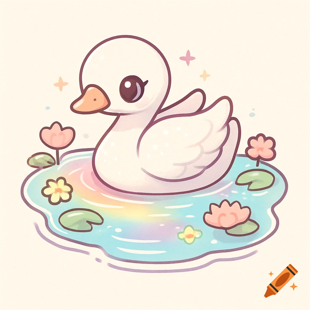 Chibi-style white swan with large eyes floating in a rainbow-colored pond surrounded by pastel flowers and lily pads, cartoon illustration.