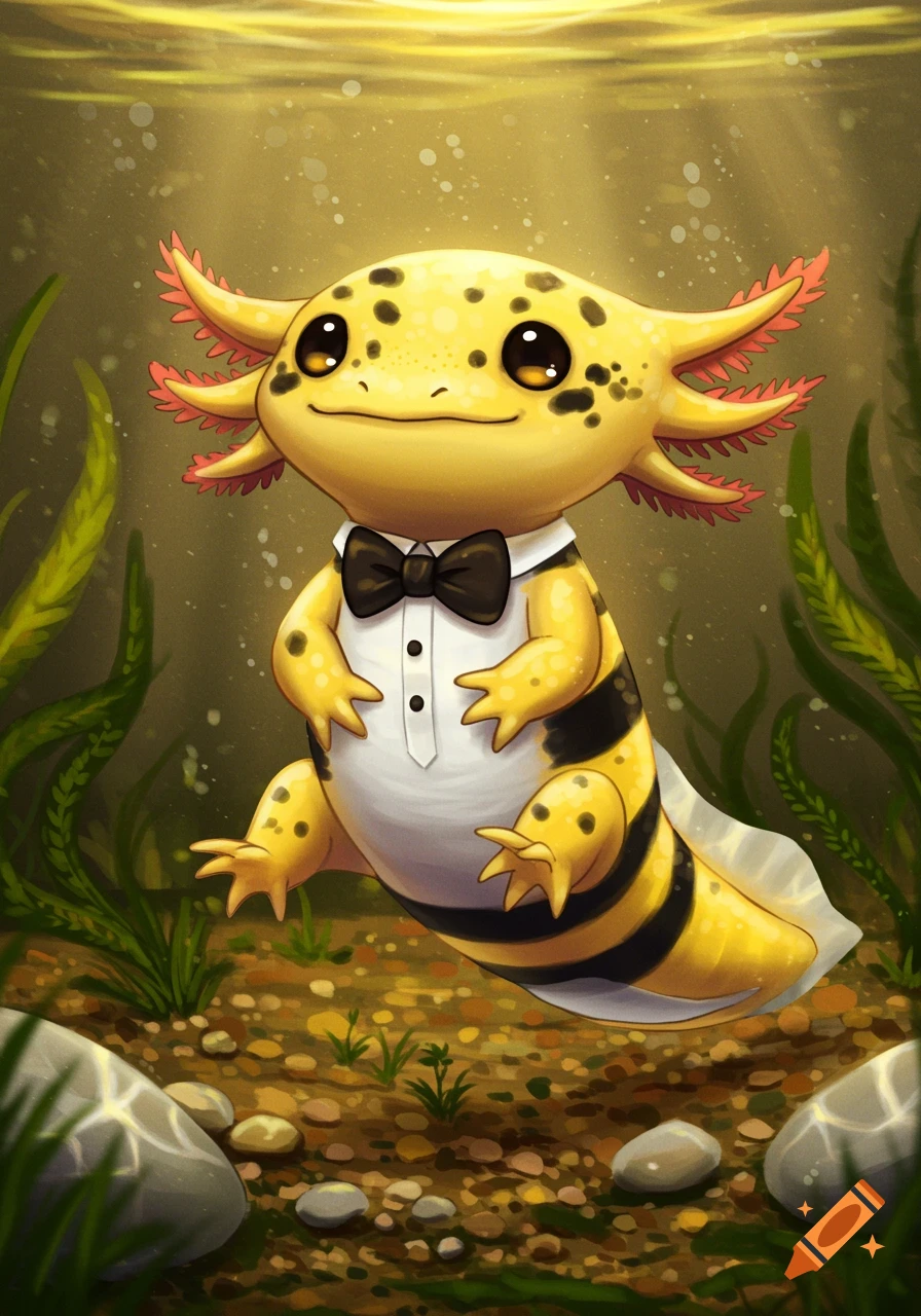 A cute, yellow and black axolotl in a black tuxedo and bowtie swims in a stylized underwater scene.