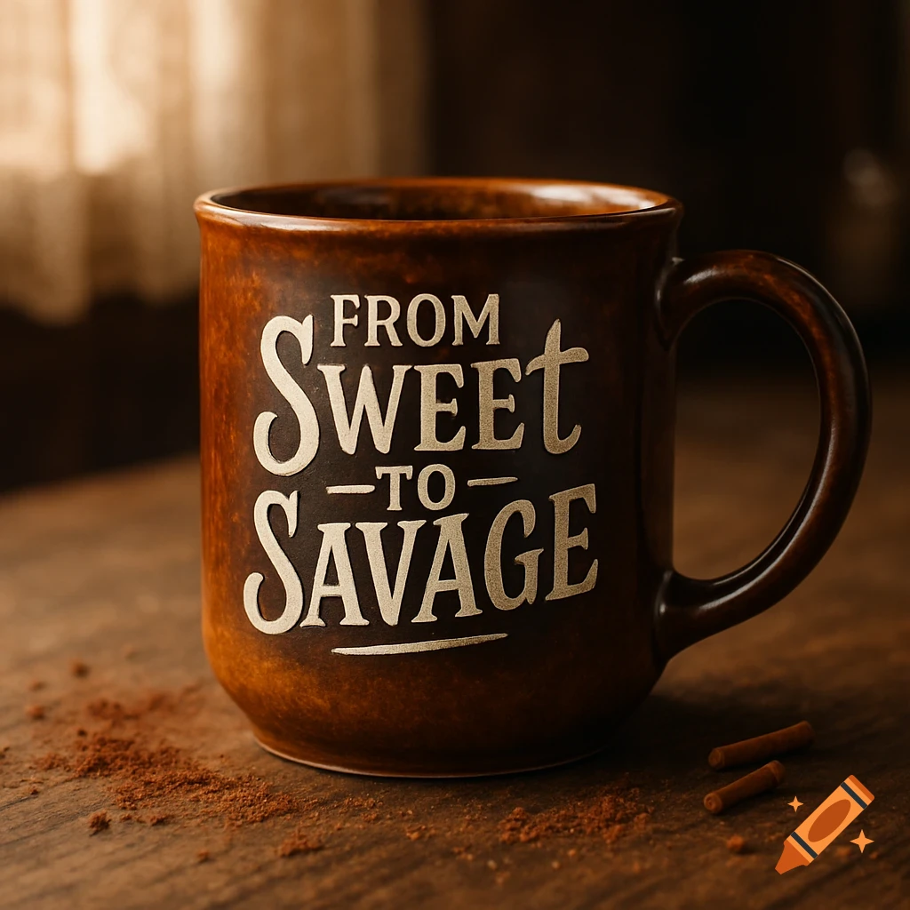 A dark brown mug with the words 'From Sweet to Savage' in gold lettering sits on a wooden table with scattered cocoa powder and cinnamon sticks.