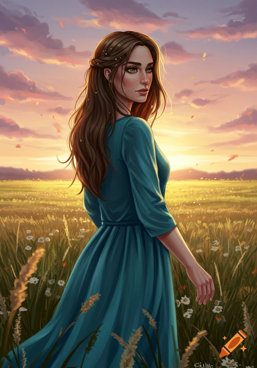 Digital painting of a woman with long brown hair and green eyes in a teal dress, standing in a golden field at sunset.