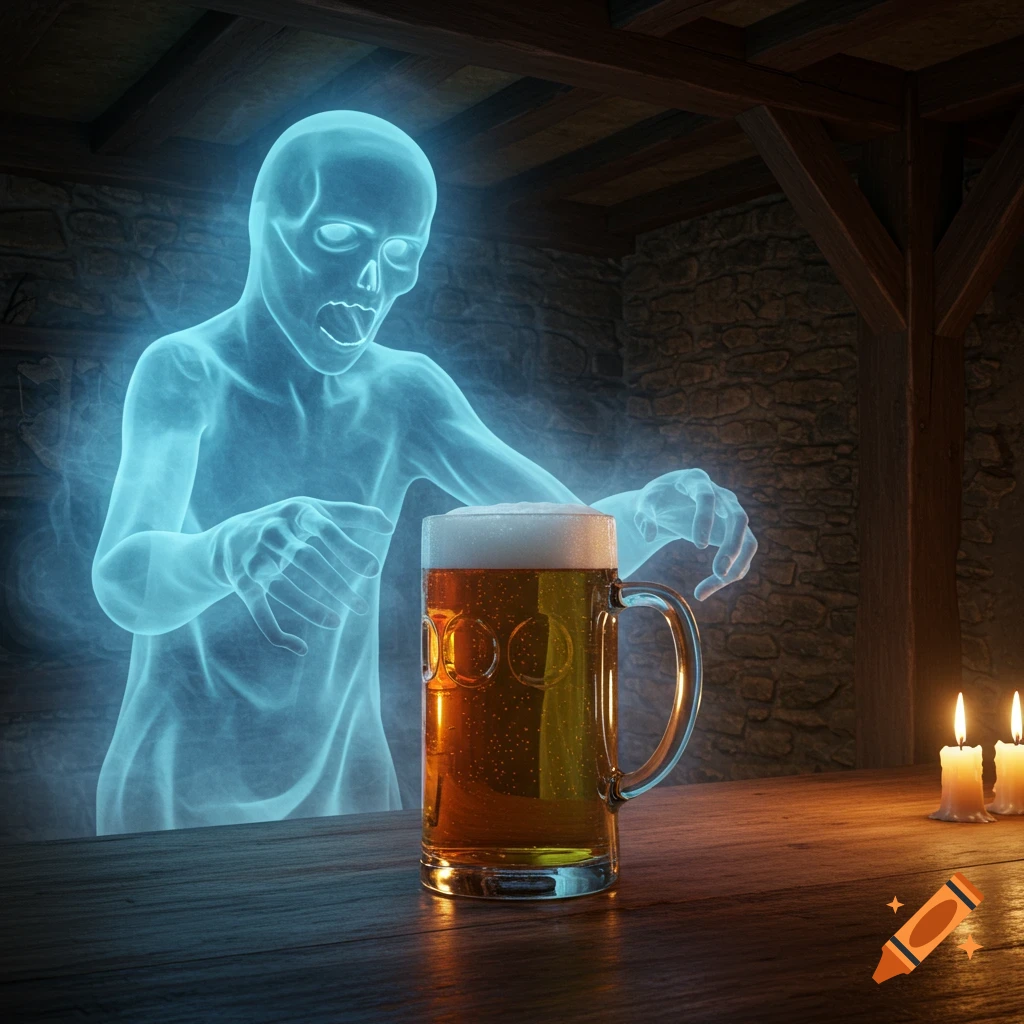 A translucent blue ghost reaches for a mug of beer on a wooden bar counter in a dimly lit, rustic pub with candles.