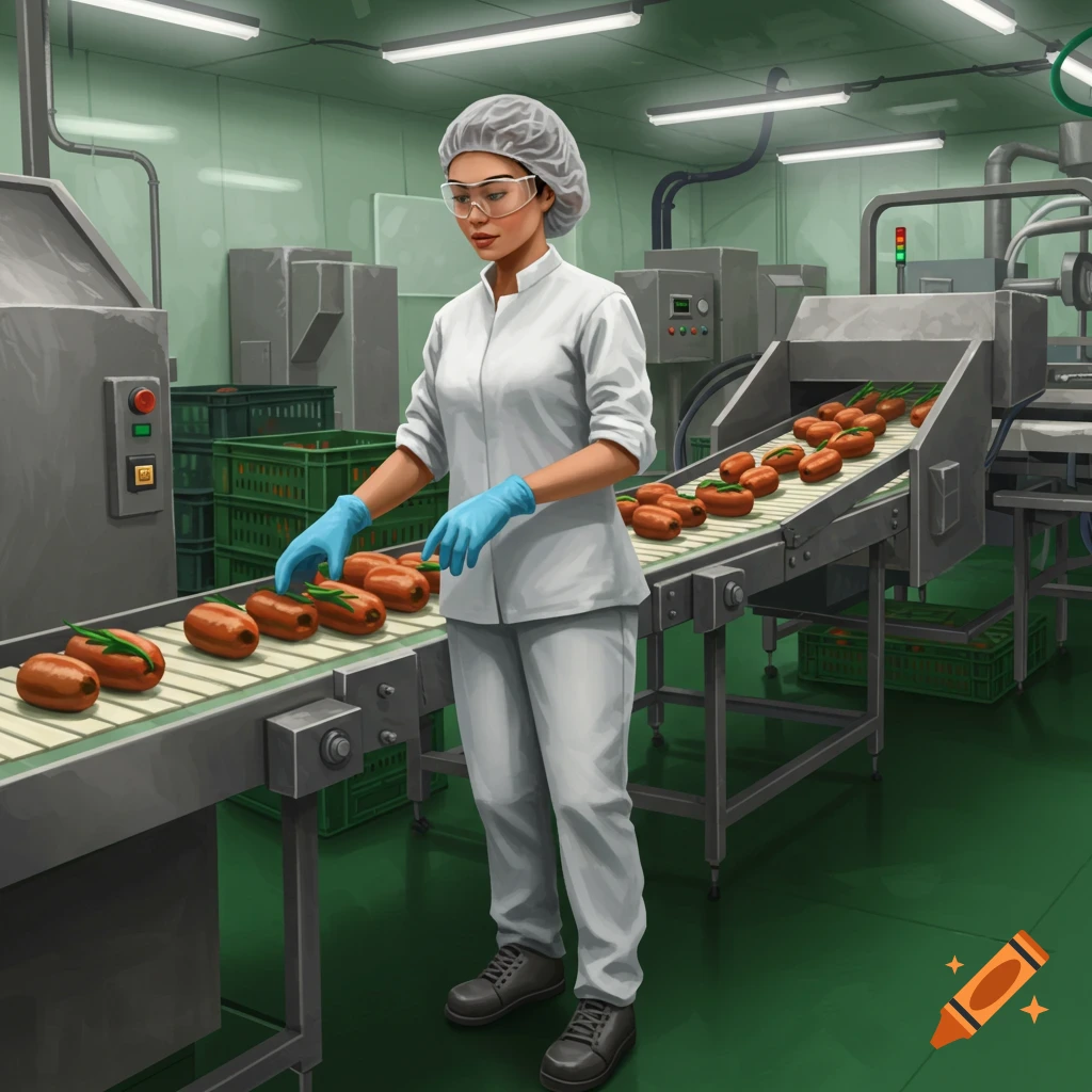 A woman worker in a white uniform, hairnet, and safety glasses inspects food items on a conveyor belt in a factory.