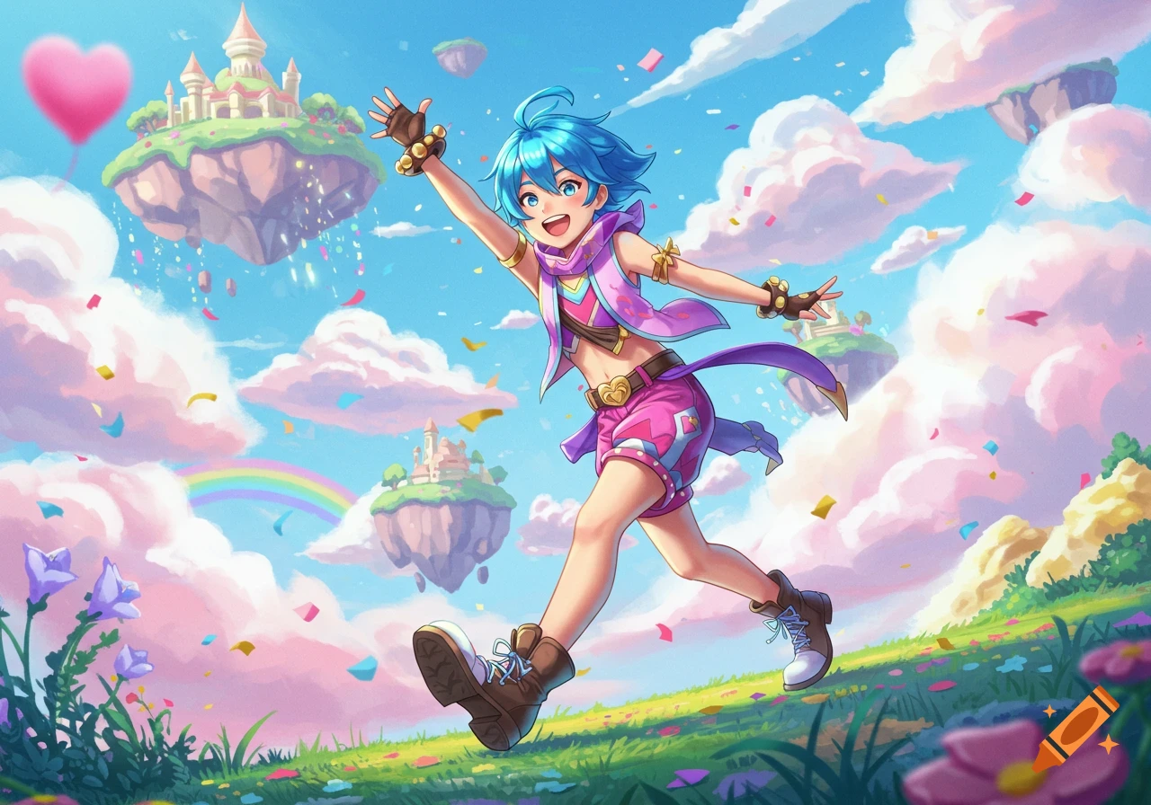 A joyful blue-haired anime character leaps through a vibrant fantasy landscape with floating castles, confetti, and a rainbow.