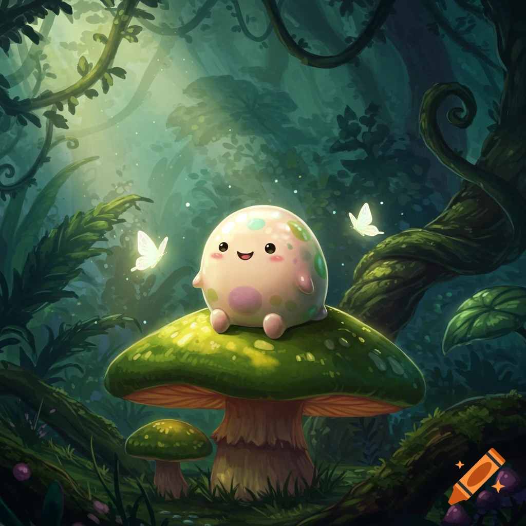 A cute, round, speckled creature with a happy face sits on a large green mushroom in a magical forest.