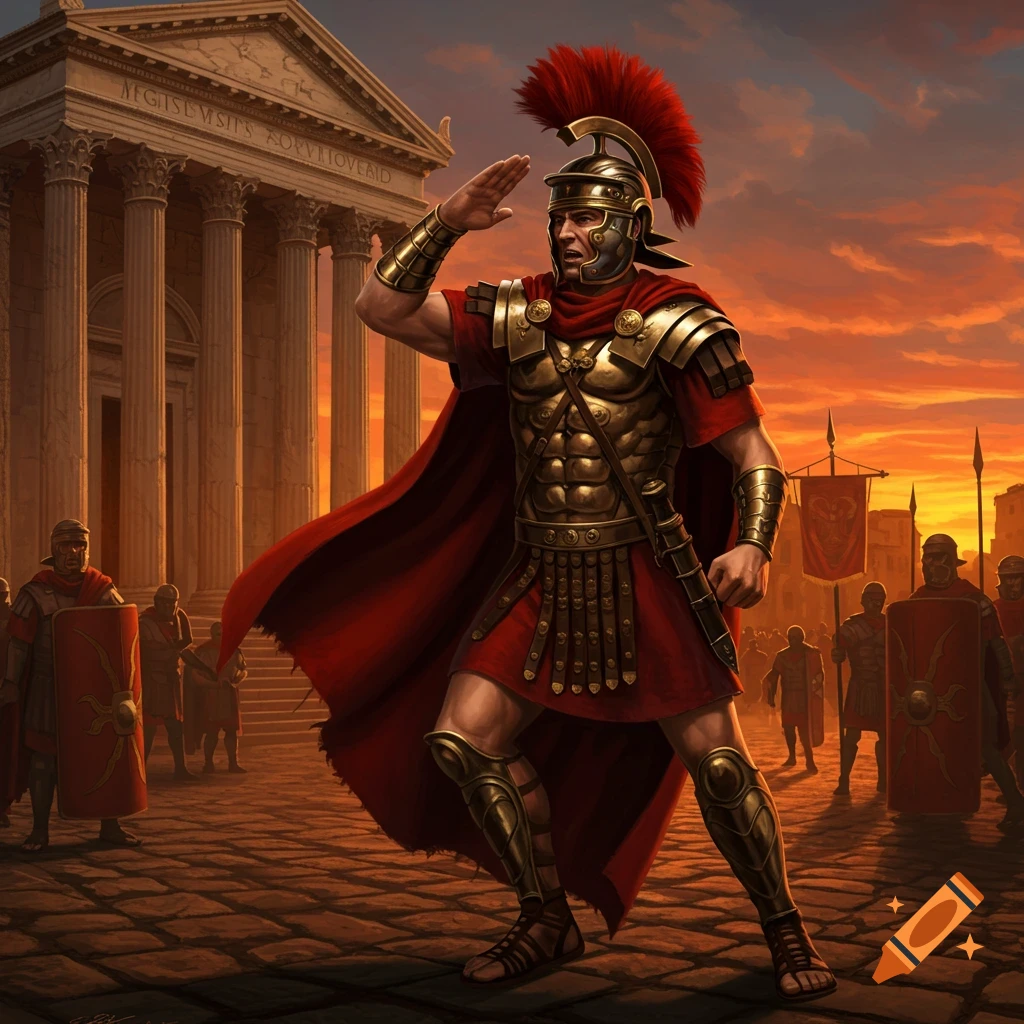 A Roman centurion in golden armor and red cape salutes before a classical temple at sunset, with other soldiers.