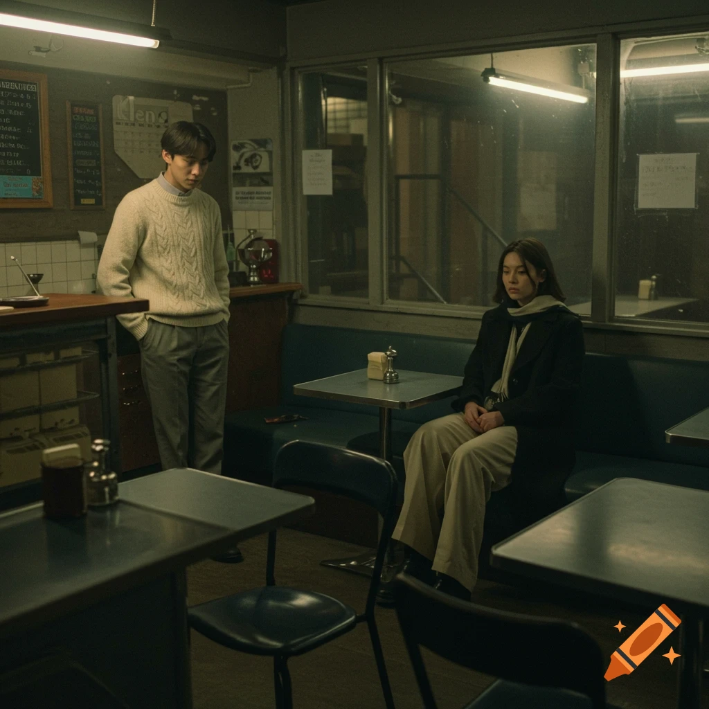 A young man stands near a counter looking at a young woman sitting at a table in a cozy, low-light cafe in a photorealistic style.