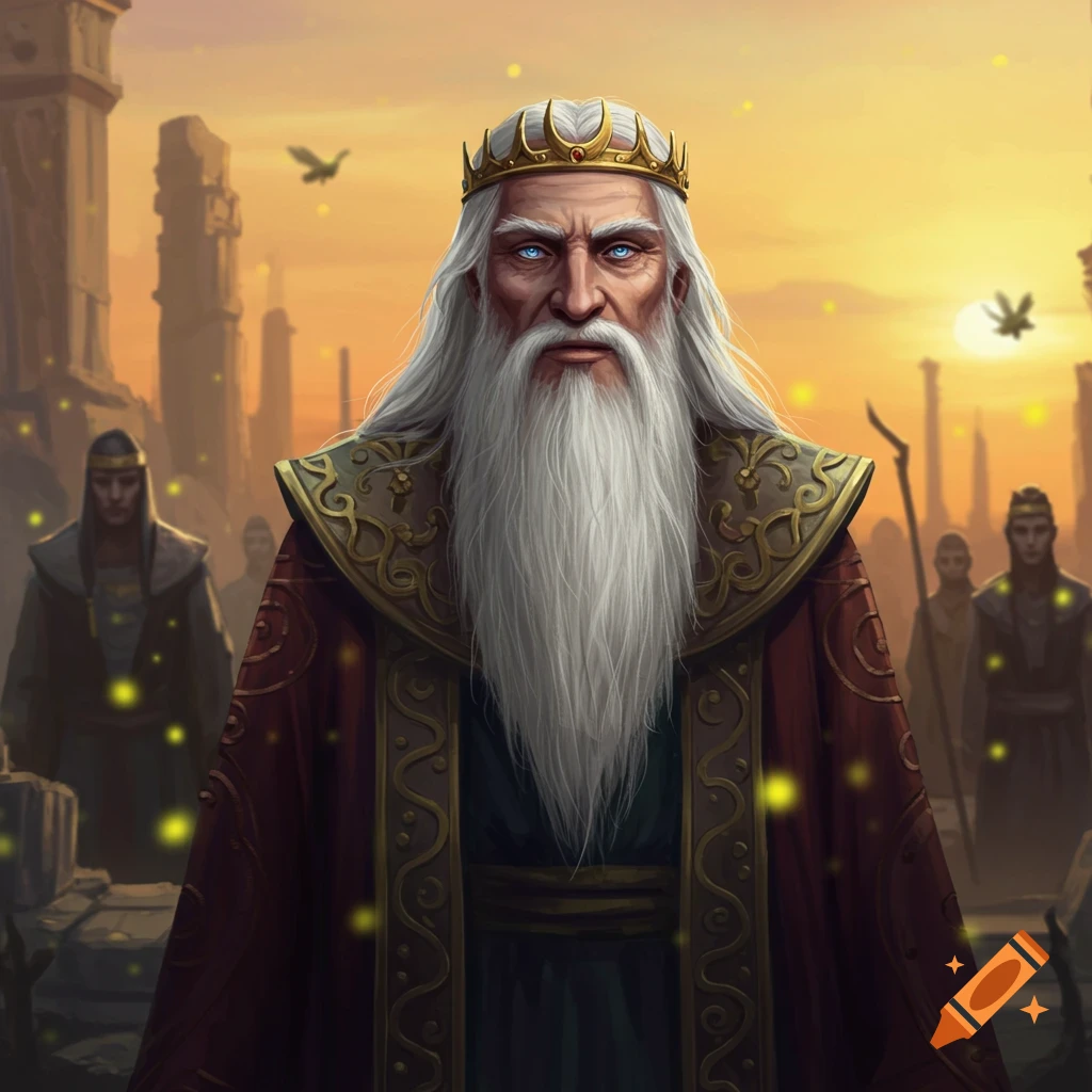 A wise king with a long white beard and a gold crown stands in front of a ruined city at sunset.
