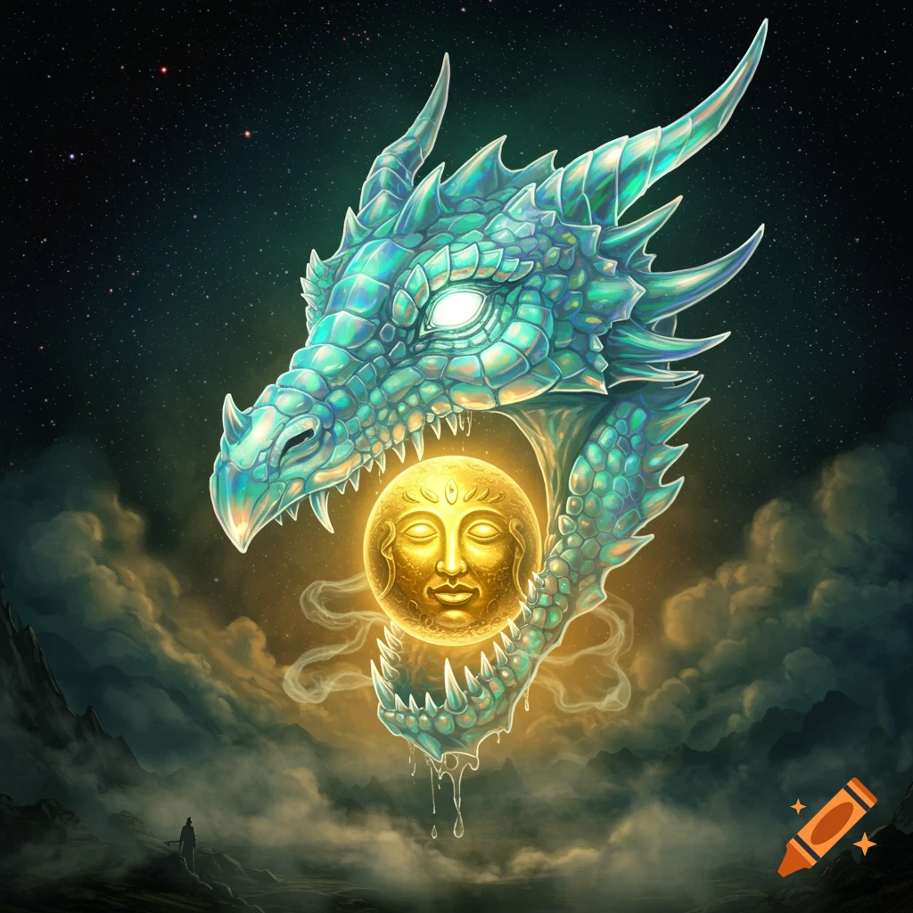 A large, iridescent blue-green dragon head floats in a starry sky, holding a glowing golden orb with a serene face in its mouth, with clouds and mountains below.