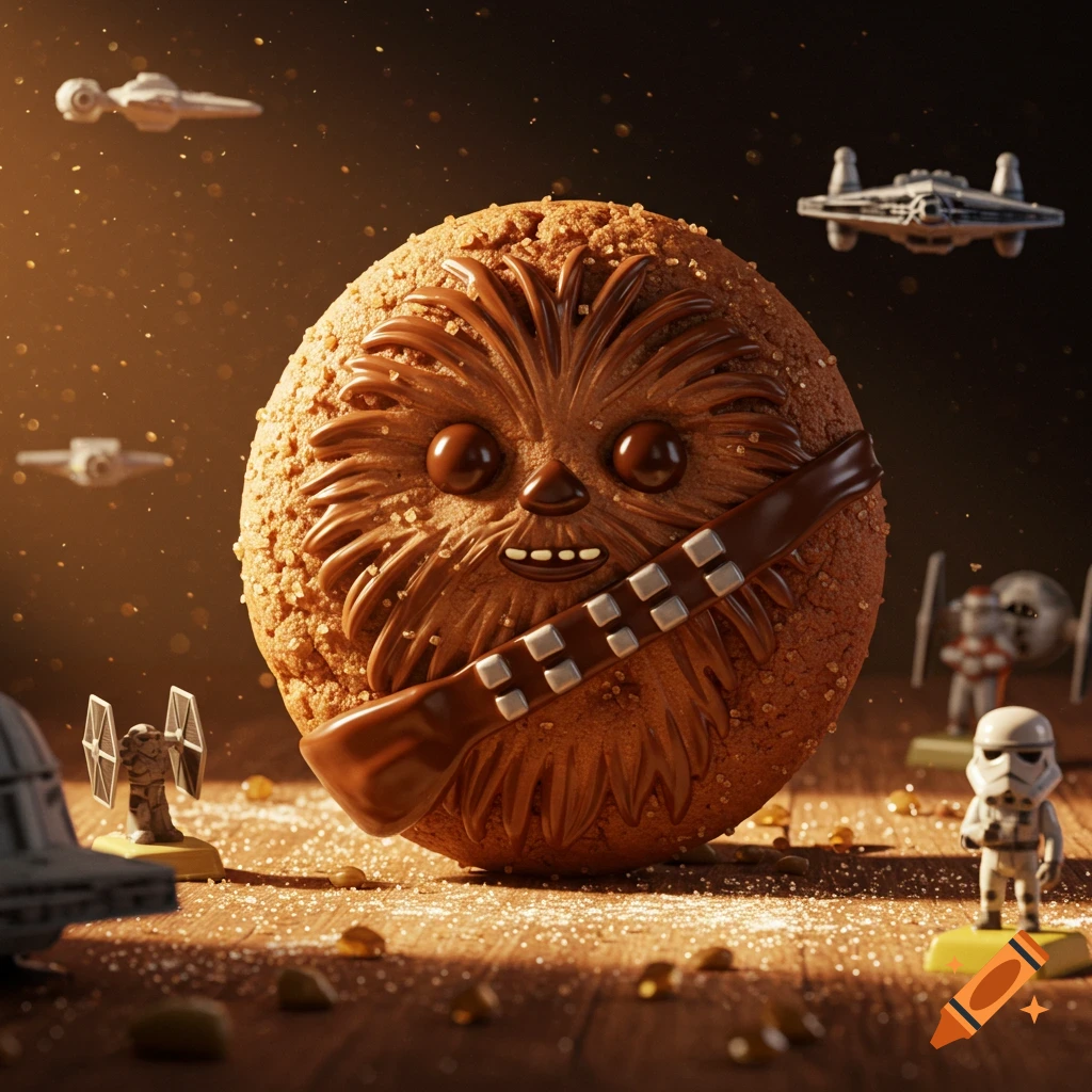 A large, cute cookie shaped like Chewbacca with chocolate details, surrounded by miniature Star Wars ships and figures on a wooden surface.
