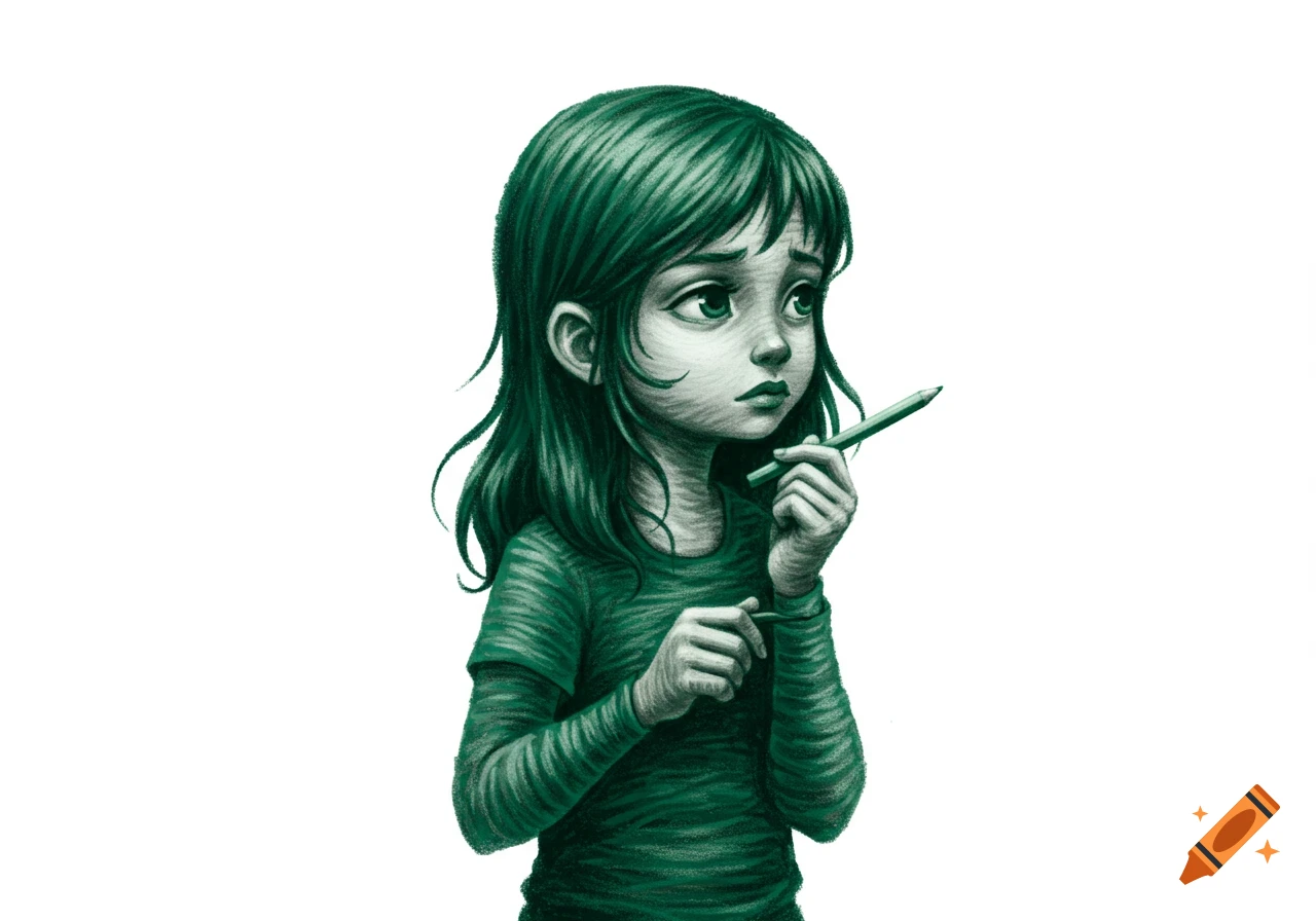 A monochrome green and white crayon drawing of a thoughtful girl holding a pencil.