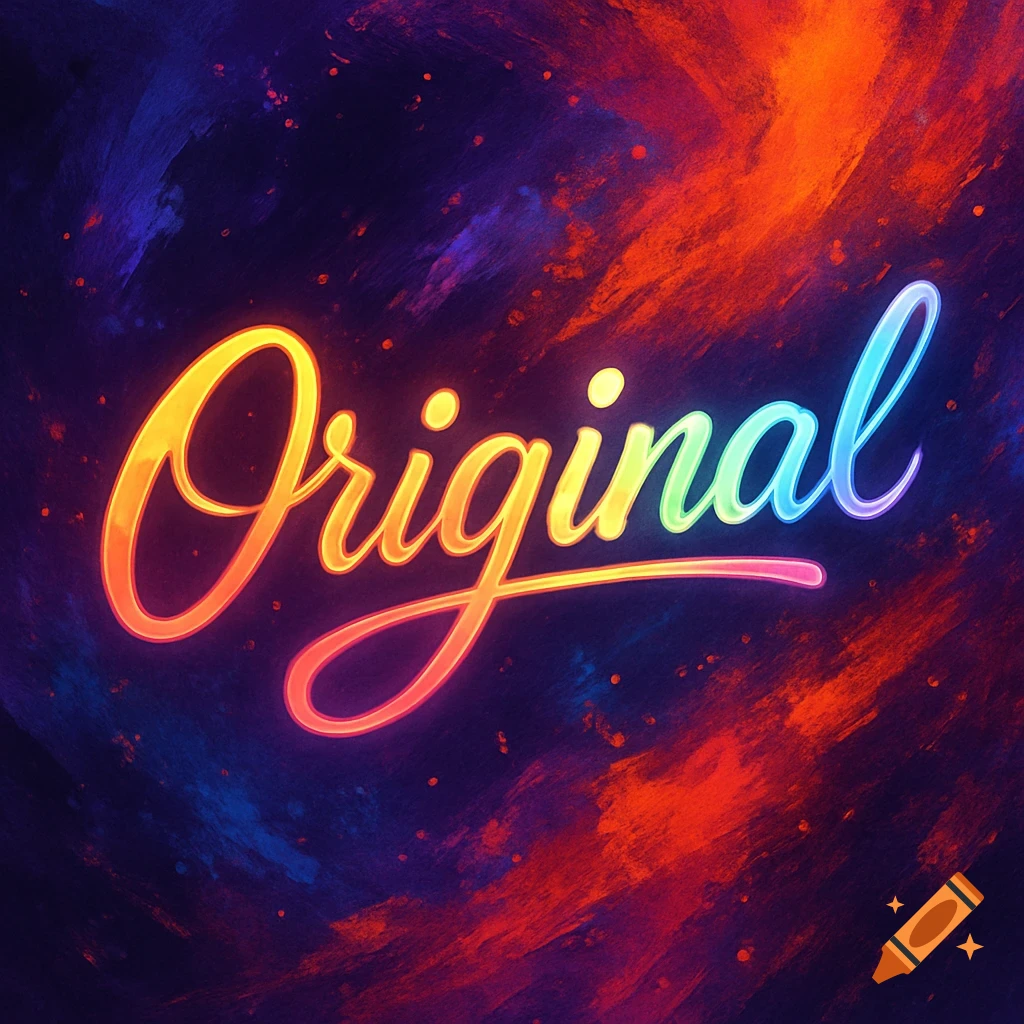 A glowing, rainbow-colored cursive word 'Original' on a dark, splattered background with vibrant red, orange, and blue.