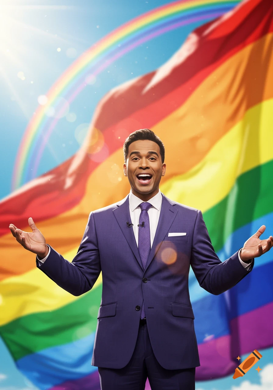 A smiling man in a purple suit with open arms stands in front of a large, waving Pride flag and a rainbow under a sunny sky.