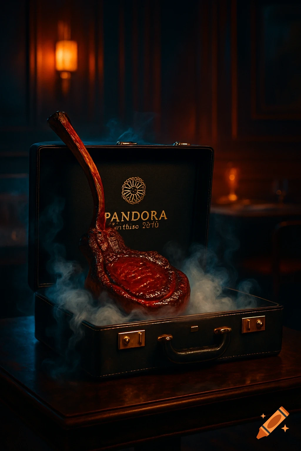 A photorealistic image of a large tomahawk steak steaming with dry ice in an open black briefcase with a gold "PANDORA" logo, in a dimly lit, dark wood room.