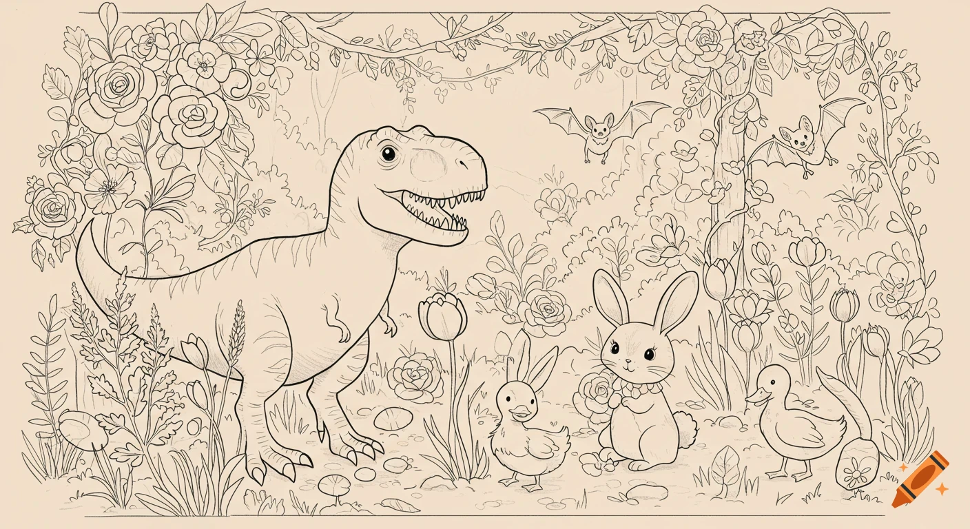 A whimsical black and white line art coloring page featuring a T-Rex, bunnies, ducks, and bats in a flower-filled forest.