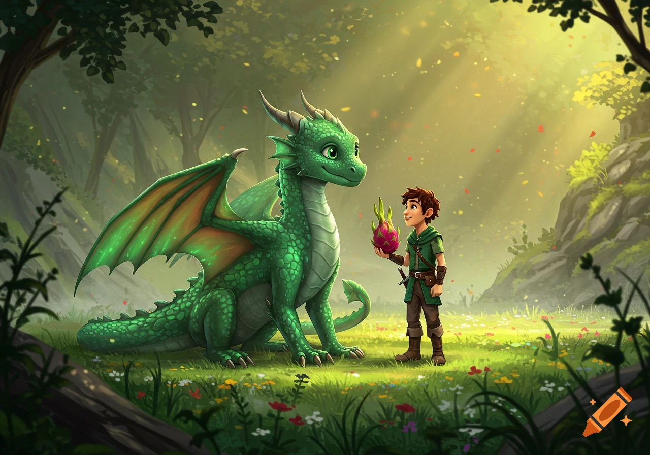 A boy offers a dragon fruit to a cute green dragon in a sunny, mystical forest illustration.