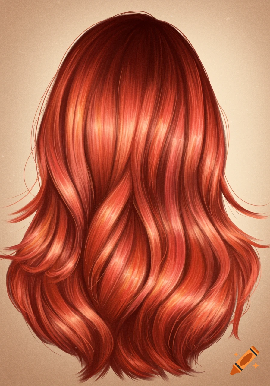 Back of a woman's head with flowing, wavy auburn hair featuring copper and rose-gold balayage highlights.