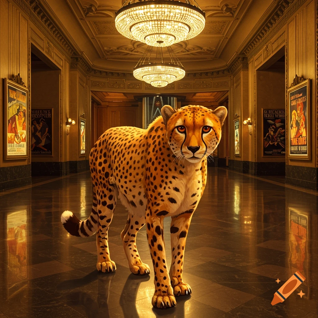 A photorealistic cheetah stands in the grand hallway of a golden movie theater lobby.