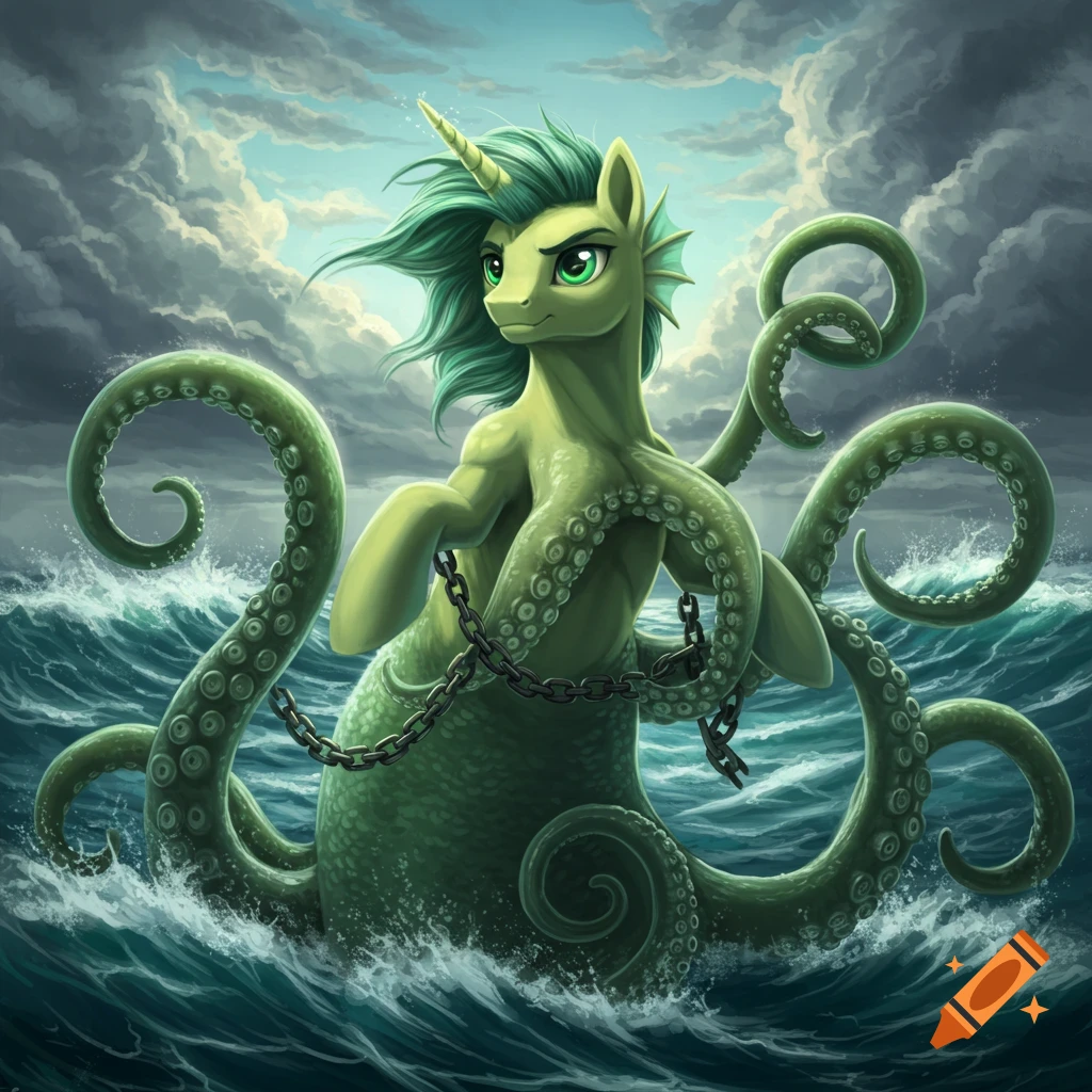 A green pony-kraken hybrid with chains emerging from stormy seas under a dramatic cloudy sky, digital painting.