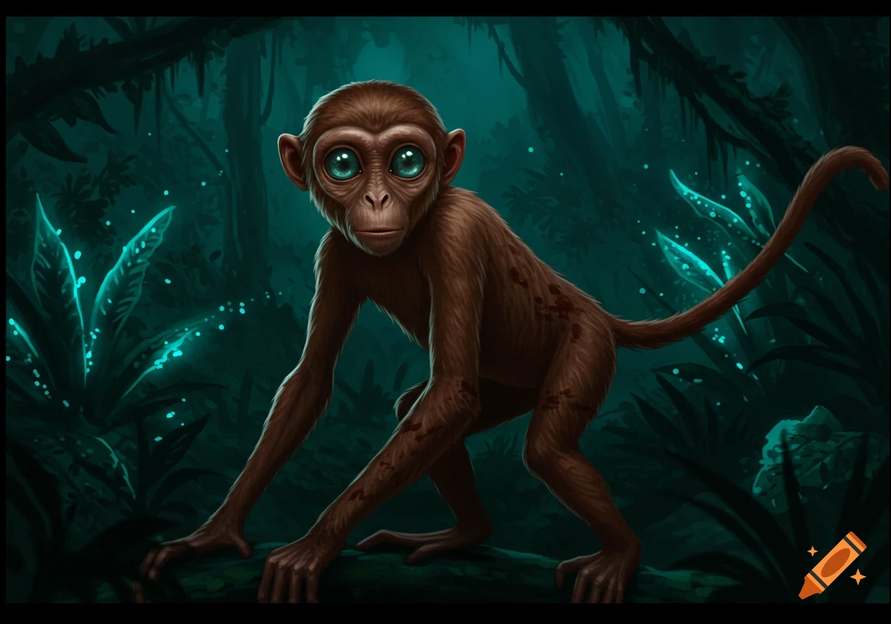A stylized brown monkey with large, blue eyes stares from a dark, teal jungle with glowing plants.