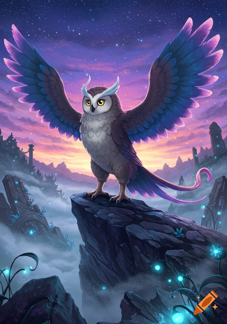 A vibrant, stylized owl with purple and blue wings stands on a rocky peak in a magical twilight landscape with glowing plants.