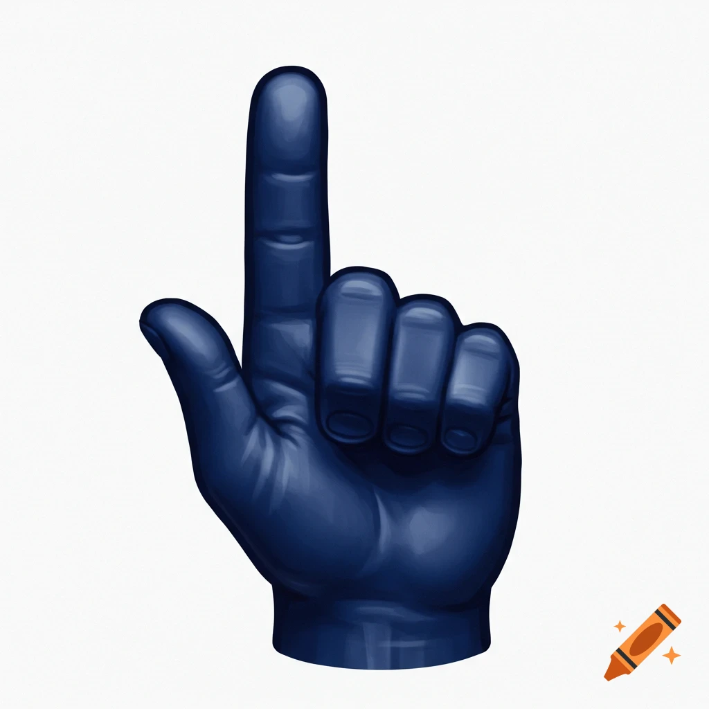 A dark blue hand with the index finger pointing straight up against a white background.