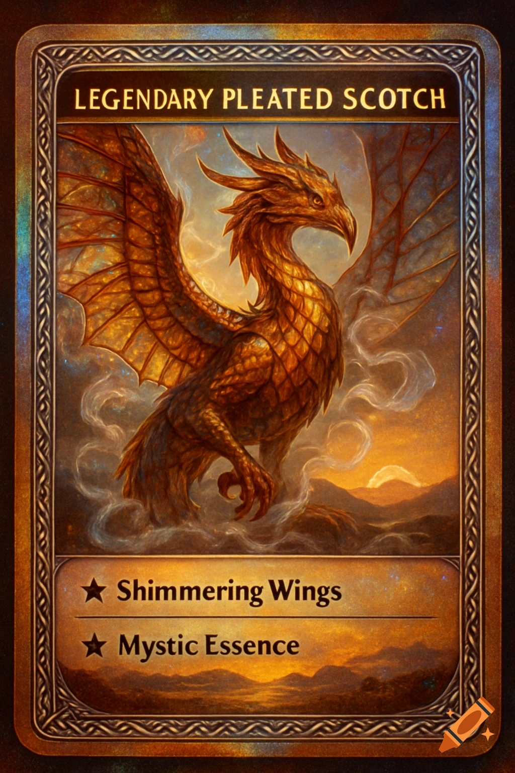 A holographic fantasy trading card featuring a golden, scaly dragon-like creature with large wings against a sunset sky.
