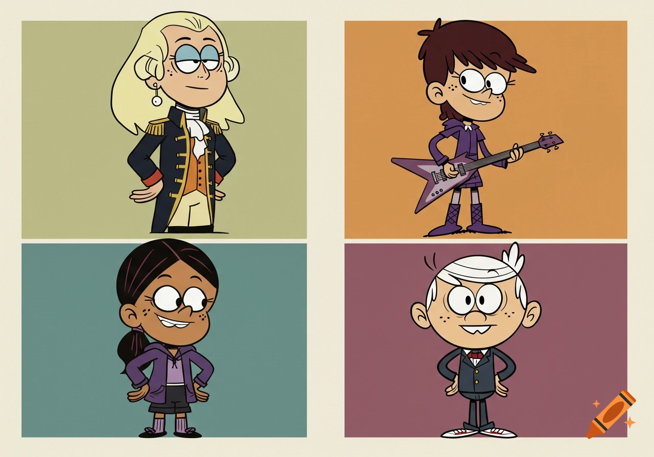 A grid of four cartoon characters: Lori Loud as George Washington, Luna Loud with a guitar, Ronnie Anne, and Lincoln Loud in a suit.