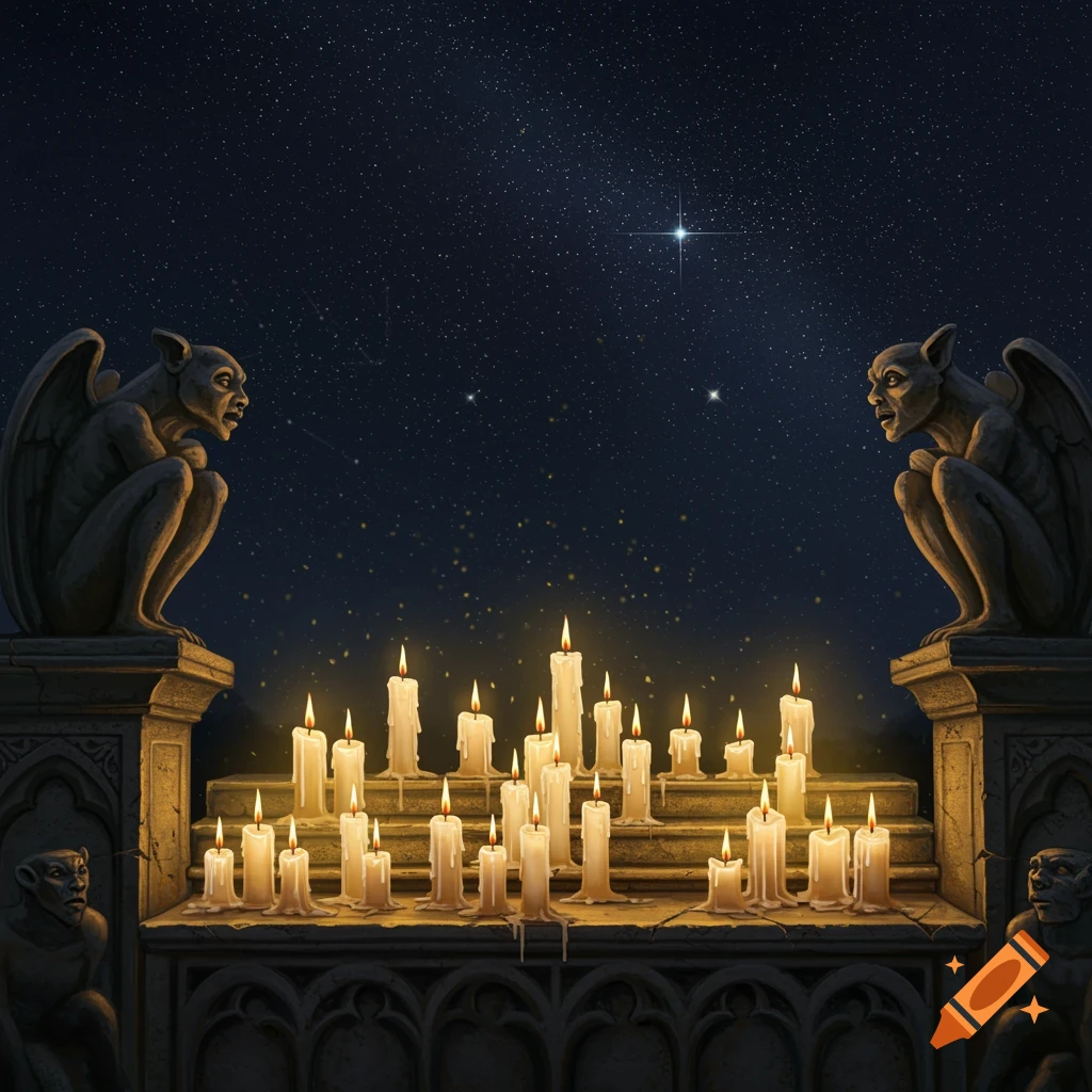 Gargoyle statues on a gothic structure, illuminated by burning candles under a starry night sky.