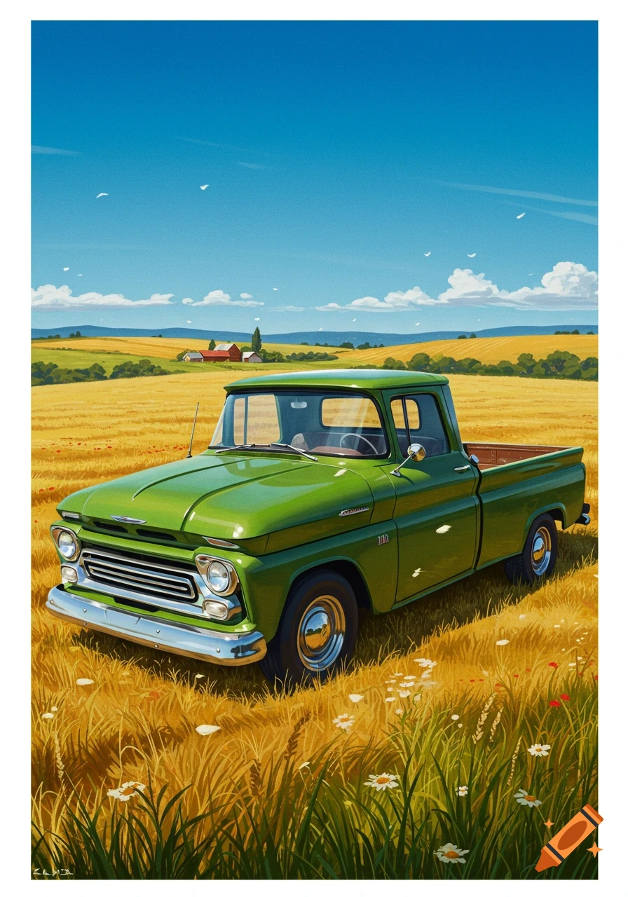 A vibrant illustration of a green vintage pickup truck parked in a golden field under a bright blue sky, with a farmhouse and rolling hills in the background.