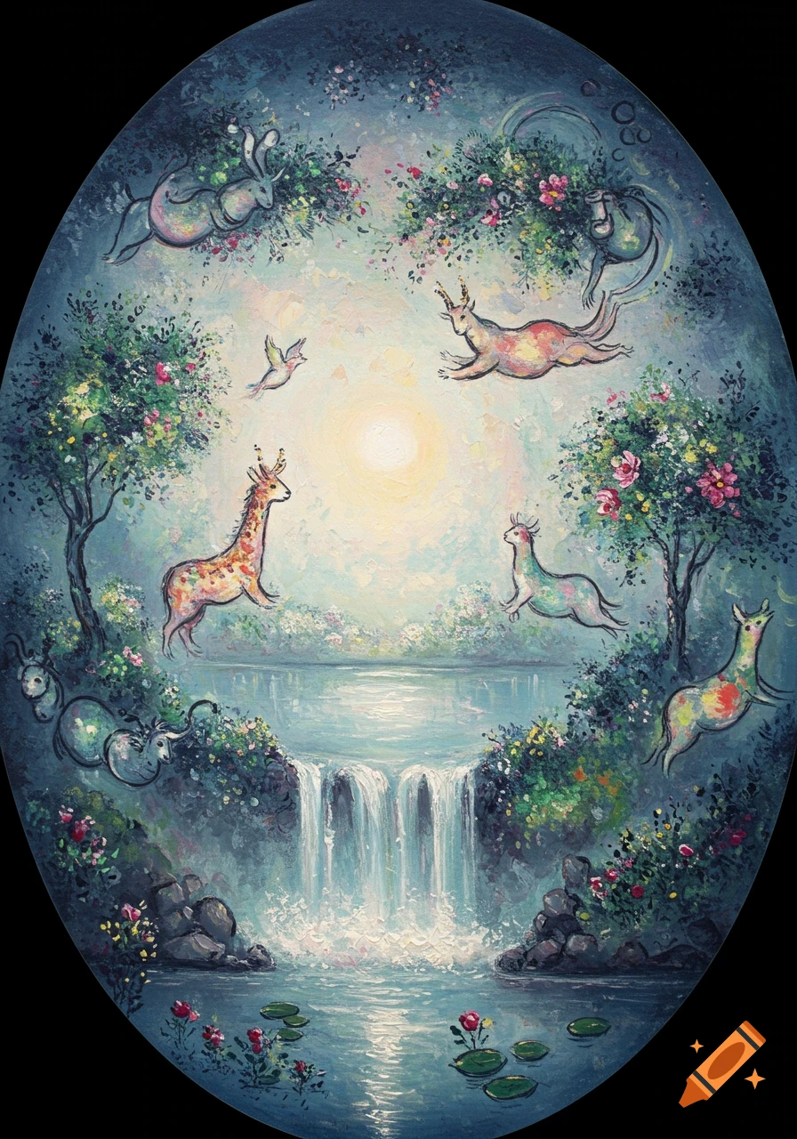 Dreamlike painting in Chagall style of colorful floating animals, a waterfall, lake, and trees in an oval frame.