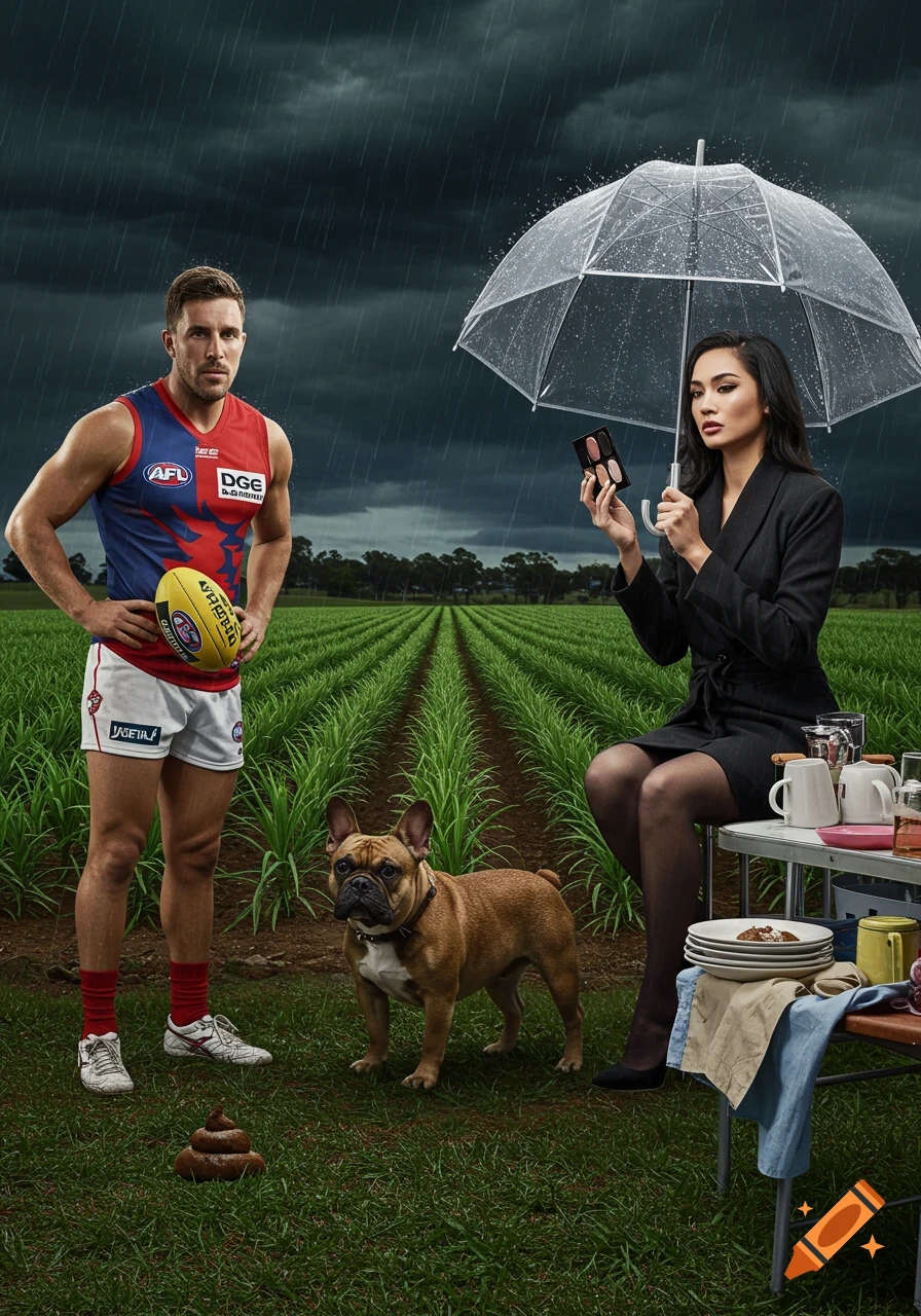 An Australian Rules football player, a woman under an umbrella, and a French bulldog stand in a rainy crop field with dishes and dog poo.