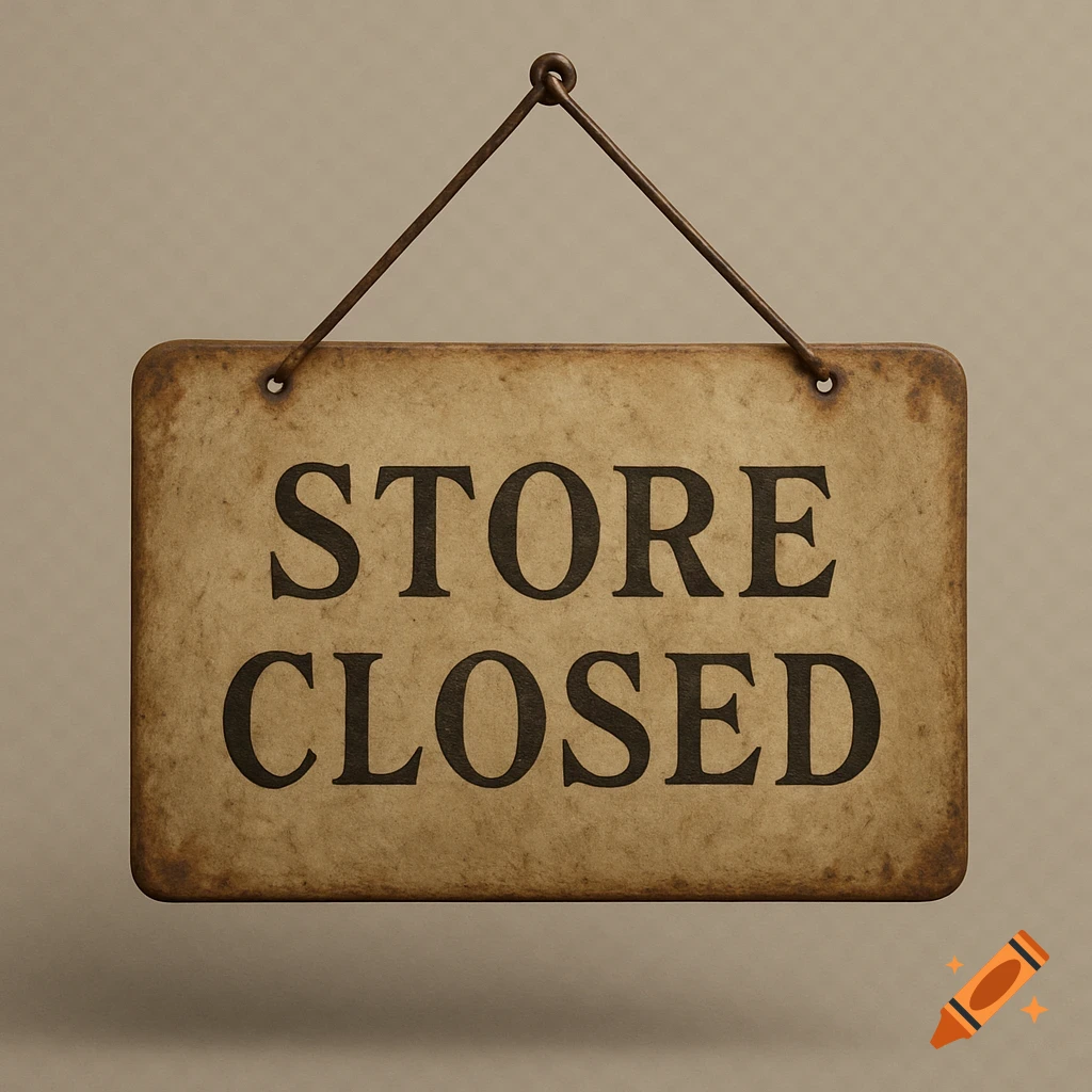 A weathered brown rectangular sign with 'STORE CLOSED' written in black capital letters, hanging from a metal hanger against a plain background.
