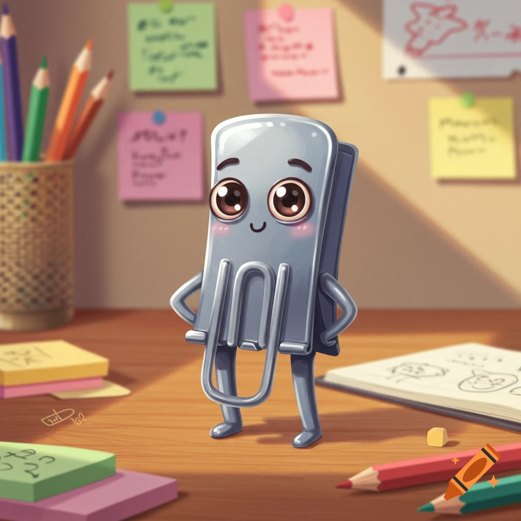 A cute, smiling anthropomorphic paperclip stands on a wooden desk surrounded by pencils, sticky notes, and a notebook.