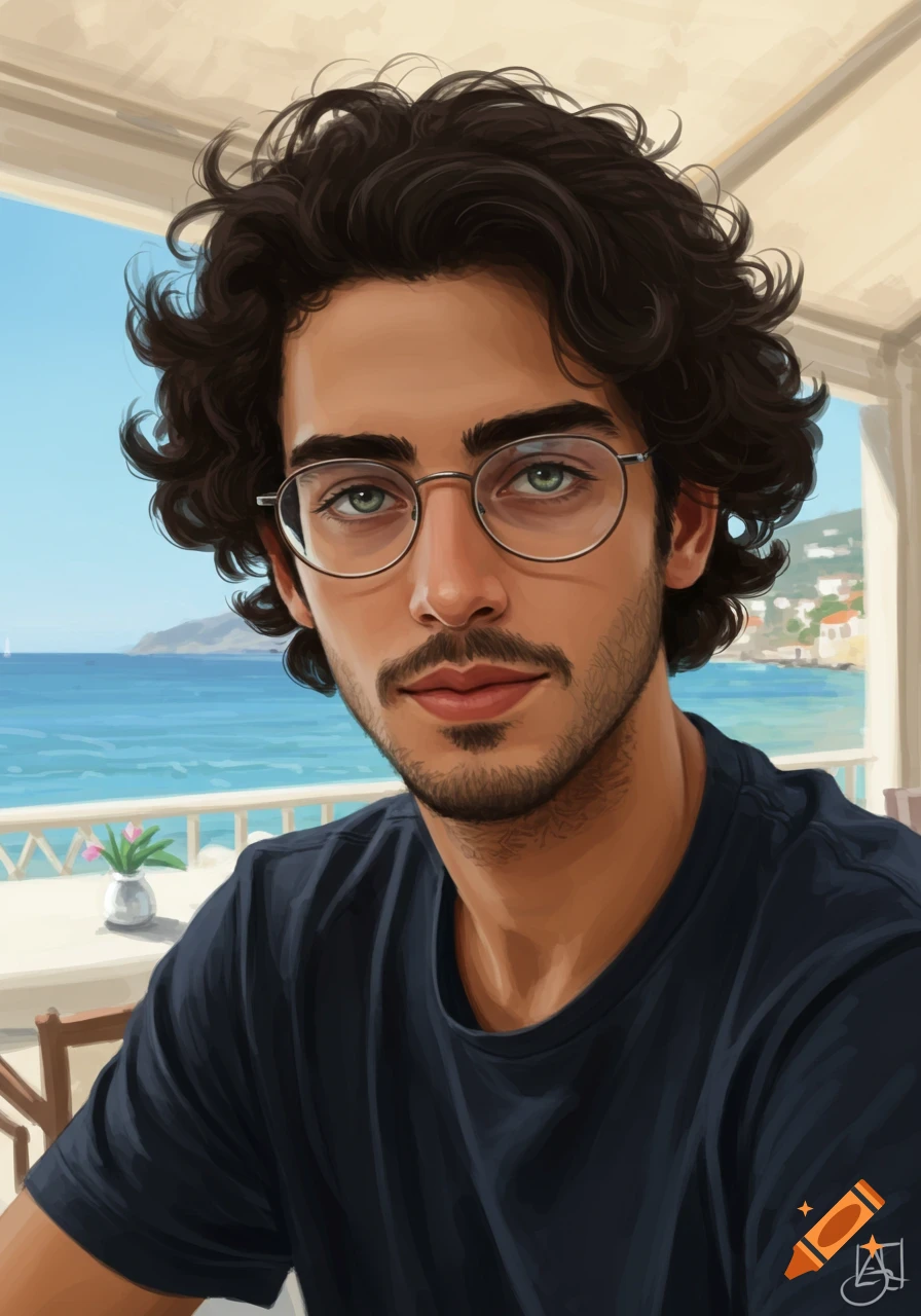 Digital painting of a young man with dark curly hair and glasses, sitting by the sea.