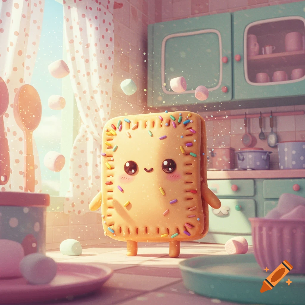 A cute, smiling pop tart character with colorful sprinkles stands in a pastel kitchen, with marshmallows floating around, in a whimsical 3D render.