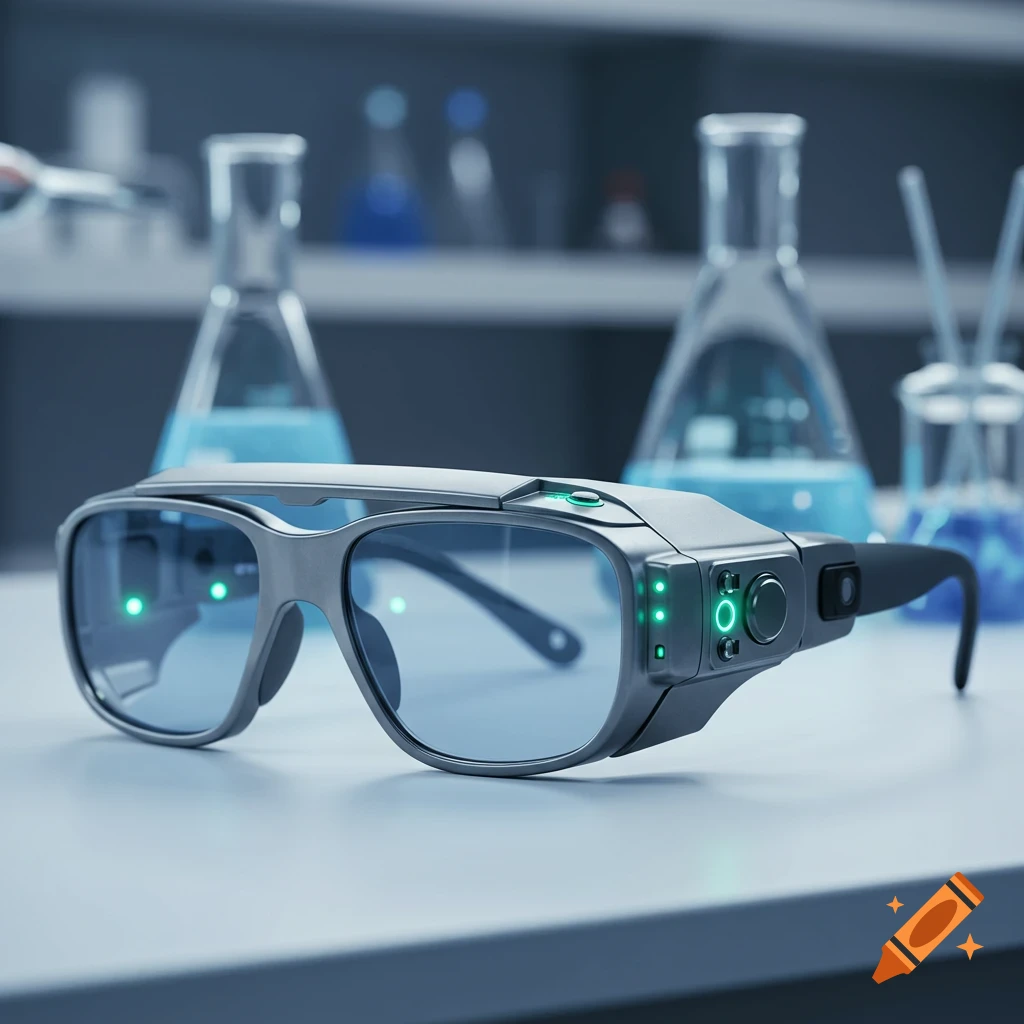 Photorealistic image of high-tech lab goggles on a counter in a blurred science laboratory.