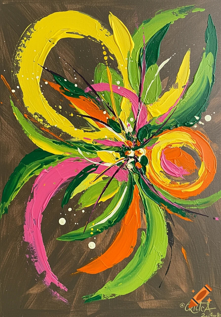 A vibrant abstract painting with thick yellow, pink, lime, green, and orange impasto strokes on a brown background.