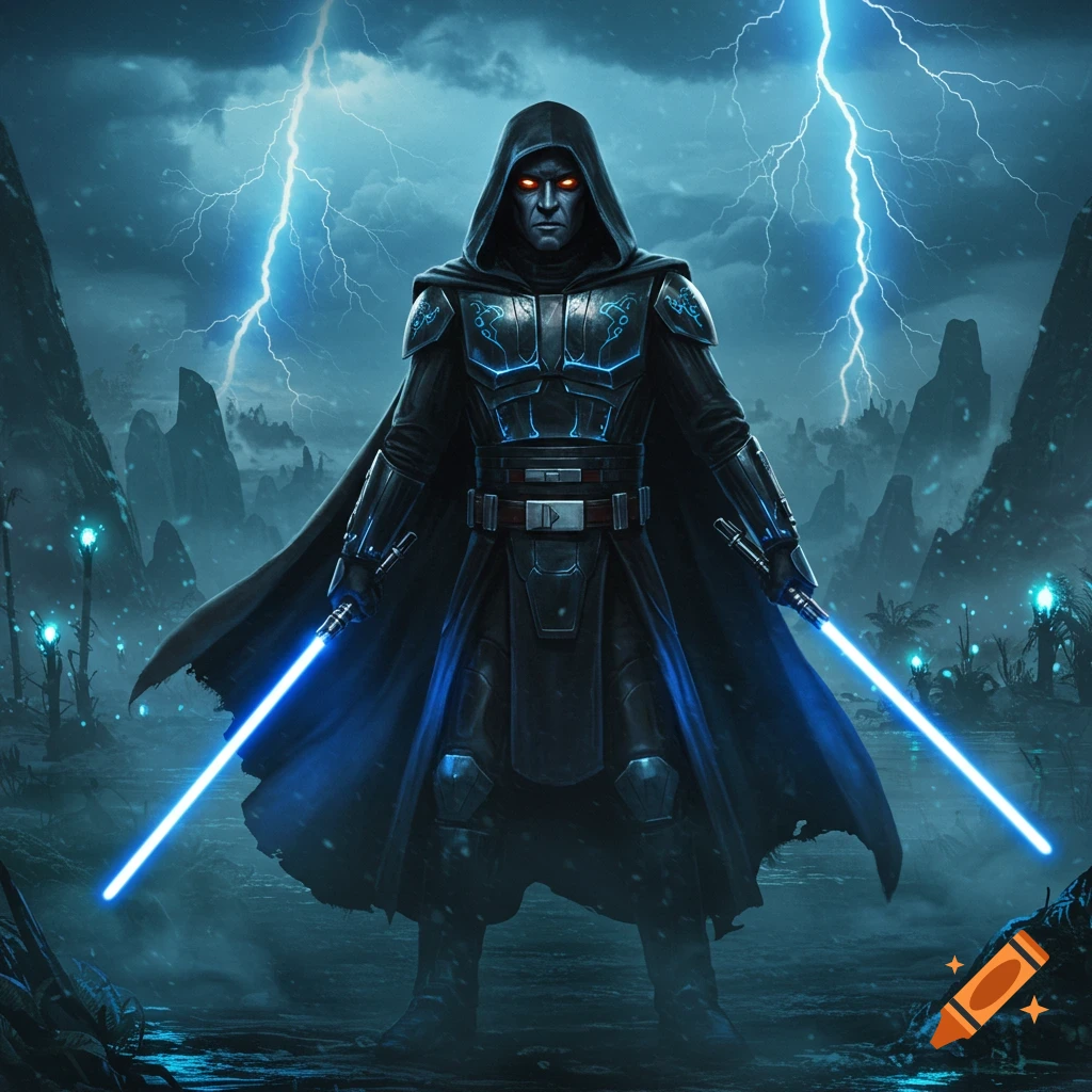 A dark, hooded figure in futuristic armor holds two blue lightsabers as lightning strikes in a stormy, bleak landscape.