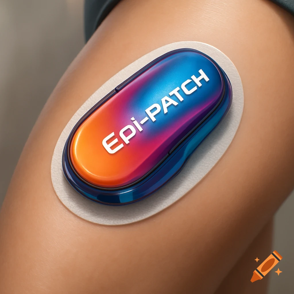 A close-up, photorealistic image of a colorful medical patch labeled "Epi-PATCH" on a person's upper thigh.