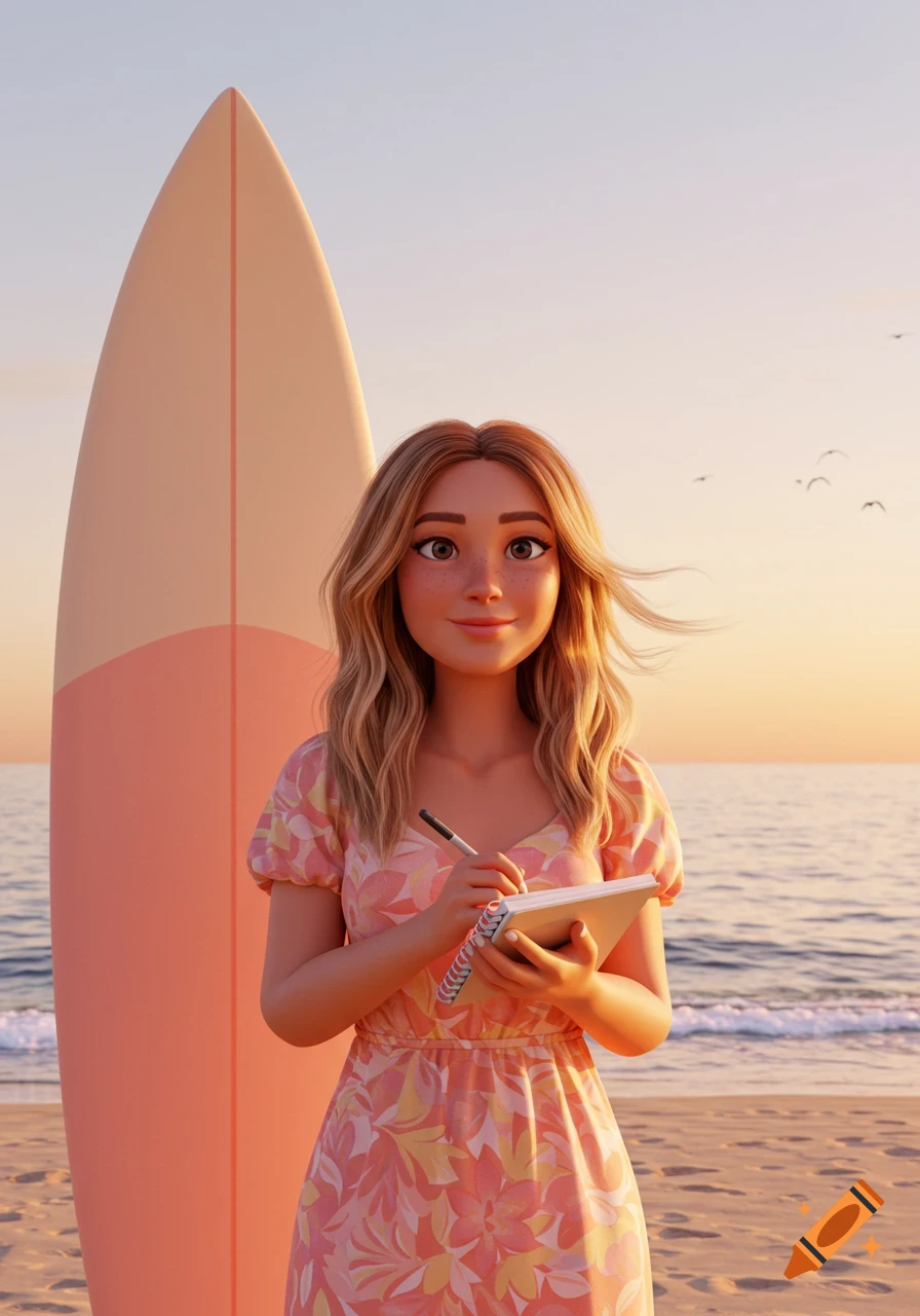 A 3D character of a woman in a floral dress, writing in a journal on a beach with a surfboard during sunset.