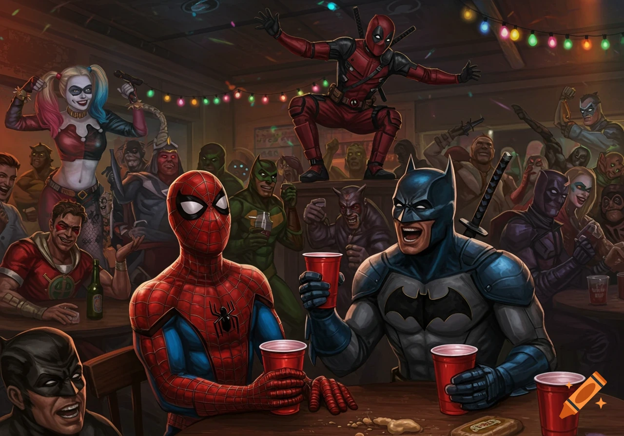 Spider-Man and Batman at a bar with red cups, laughing. Deadpool dances on a table, and Harley Quinn holds a microphone at a lively superhero party.
